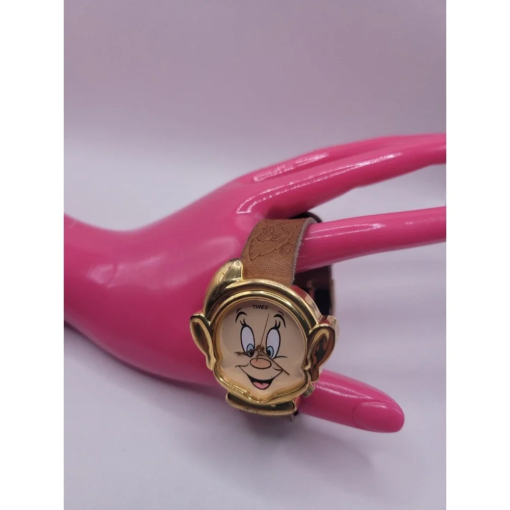 Vintage Disney Dopey Timex Watch Snow White Seven Dwarfs Gold Tone Leather